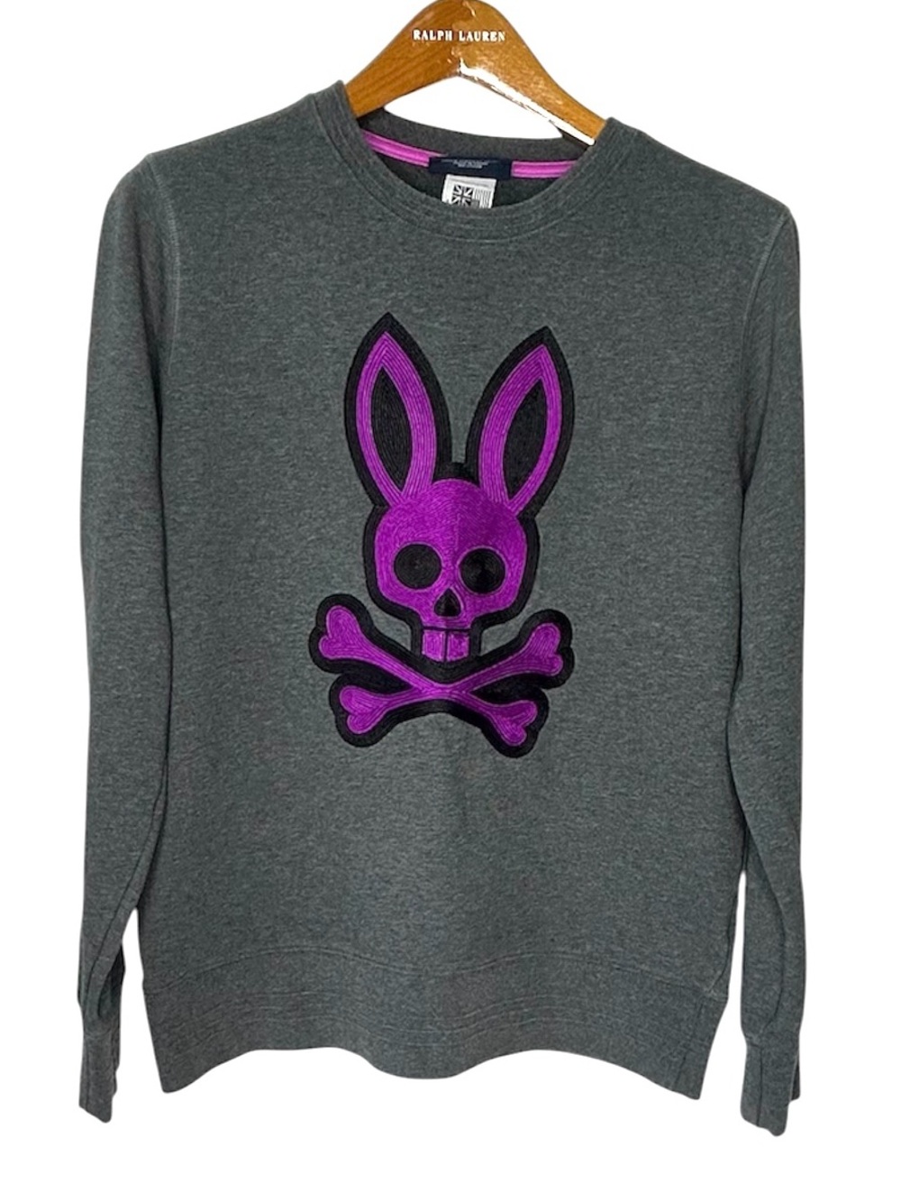 PSYCHO BUNNY Mens S Gray Purple Embroidered Skull Cotton Crew Sweatshirt Sweater